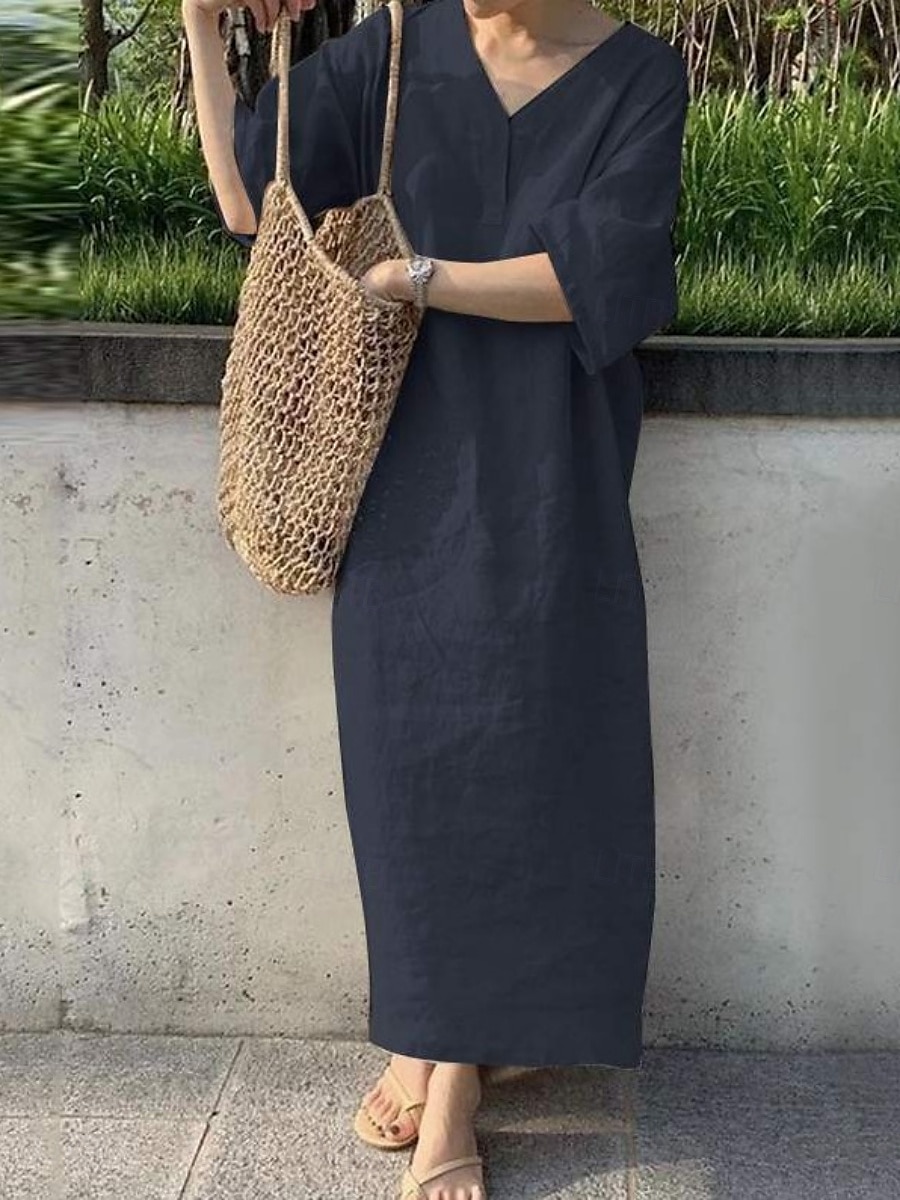 Damskie Sukienka maxi Sukienki z bawełny i lnu Codzienne sukienki Podstawowy Codzienny Urlop Codzienny Regularny Równina Rękaw 3/4 W serek Czerwony Khaki Zieleń wojskowa Ciemnoniebieski Lato 2025 - $18.99 –P6