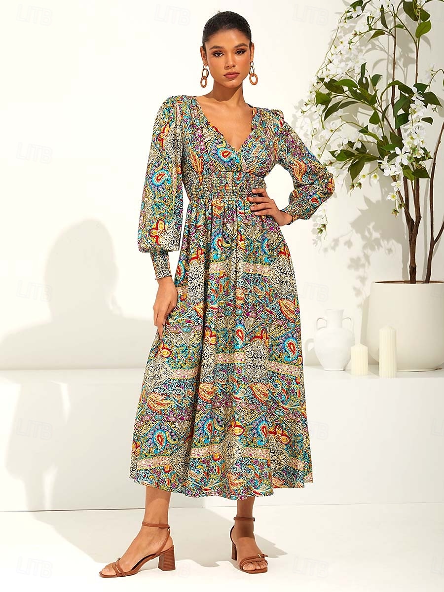 Femme Robe Maxi Robe ethnique Robe Évasée Elégant mode Vacances Ample Graphic Cachemire manche longue Col V Vert Eté Printemps de 2025 ? $39.99 –P4