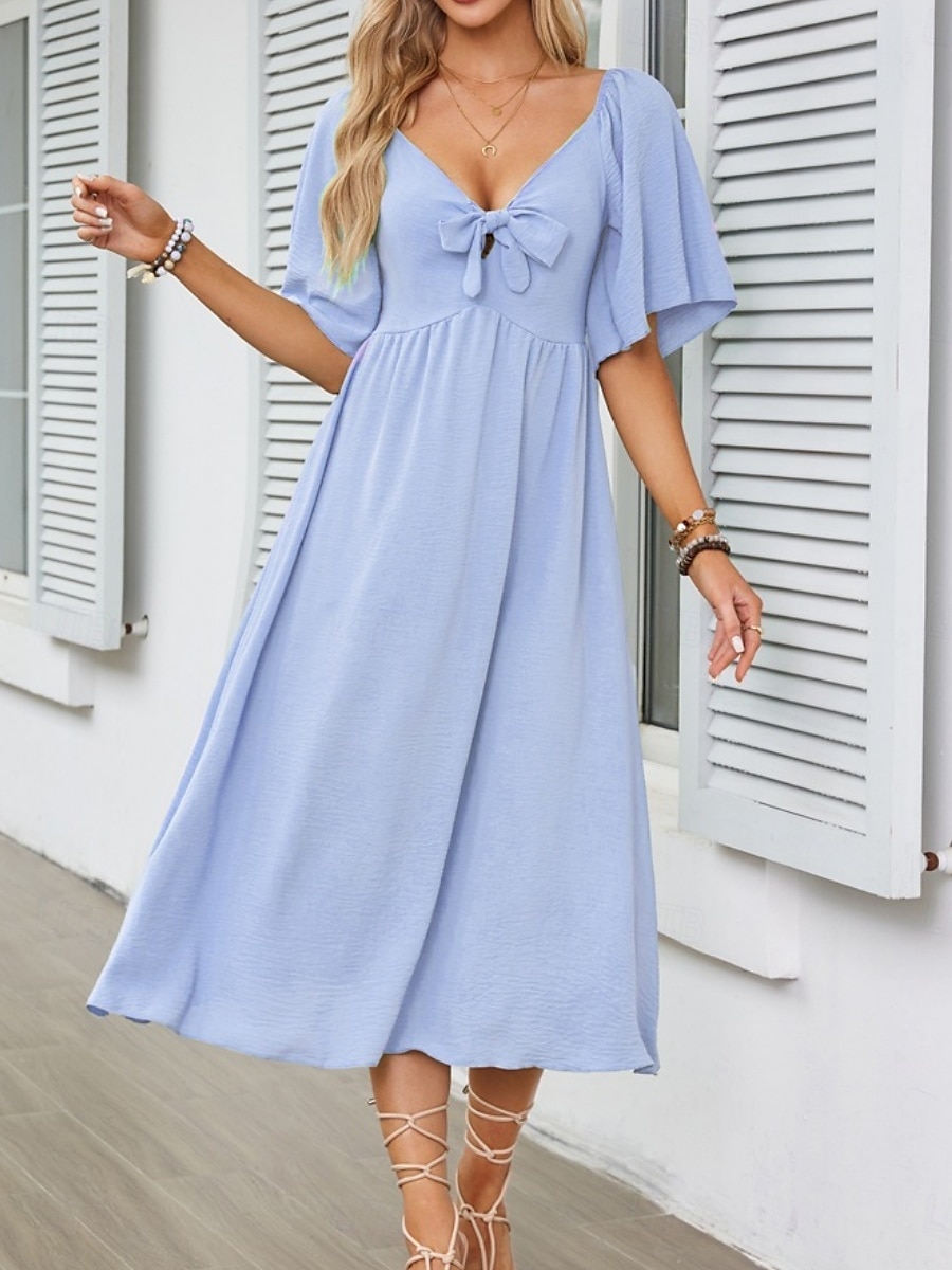 Per donna Vestito longuette Abito casual Abito linea A Moda Essenziale Informale Da mare Giornaliero Standard Liscio Manica corta A V Bianco Azzurro Estate del 2025 a $41.99 –P6