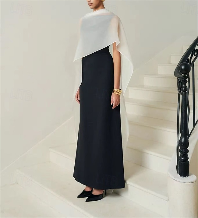 Šaty těsného střihu/sloupec večerní šaty elegantní šaty večerní party černá kravata gala délka k podlaze bez rukávů kulatý výstřih odnímatelná bavlněná směs lněný záda s třásněmi šál 2025 - $159.99 –P1