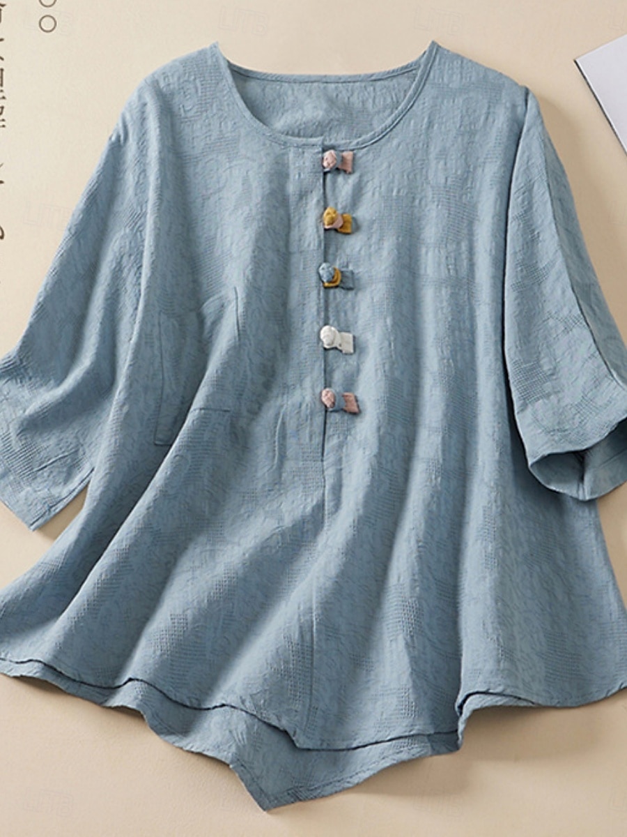 Femmes Chemise Chemisier Chemises en coton et lin Couleur Unie Basique Occasionnel Manche 3/4 Col ras du cou Hauts Réguliers Quotidien Boutons Rose Claire Bleu Été de 2025 ? $29.99 –P6
