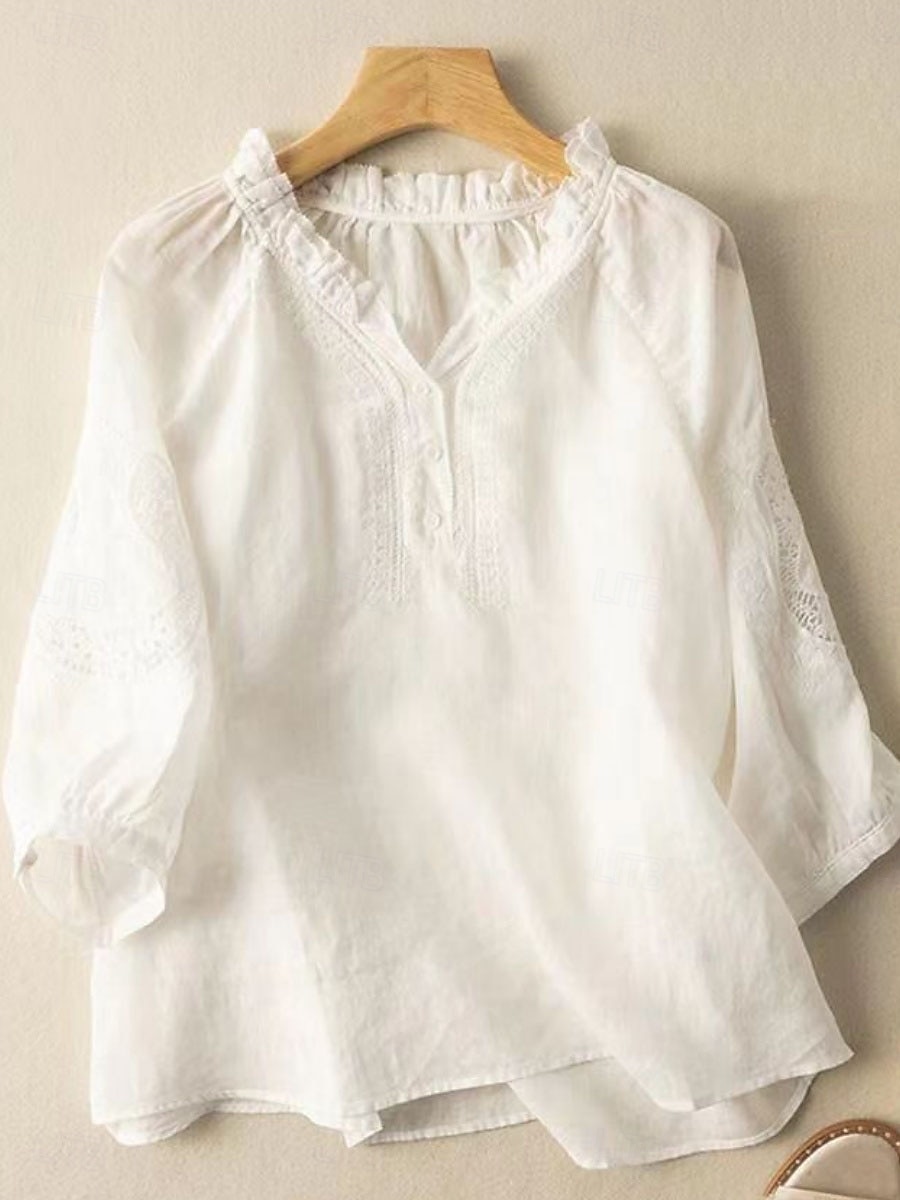 Per donna Camicia Camicie ispirate al lino Blusa Tinta unica Elegante Casual Manica 3/4 Scollo a V Top Regolari Quotidiano Volant Ricamato Bottoni Bianco Blu Estate Primavera Autunno del 2025 a $27.99 –P3