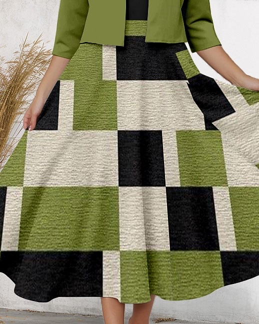 Damen Zwei-Teiler Kleid Sets Midi Kleid mit Jacke Elegantes A-Linien Kleid Halbarm Druck Kleid Vintage Farbblock Geometrischer Druck 3/4 Länge Ärmeln Rundhals Alltag Grün Frühling Herbst Regelmäßige 2025 - $36.99 –P3