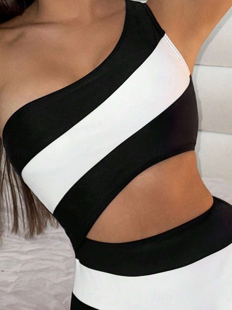 Dam Badkläder En bit Monokini Baddräkt Öppen rygg Magkontroll Hög midja Smal Semester Standkläder Rand Asymmetrisk hals Ärmlös Baddräkter 2025 - $25.99 –P3