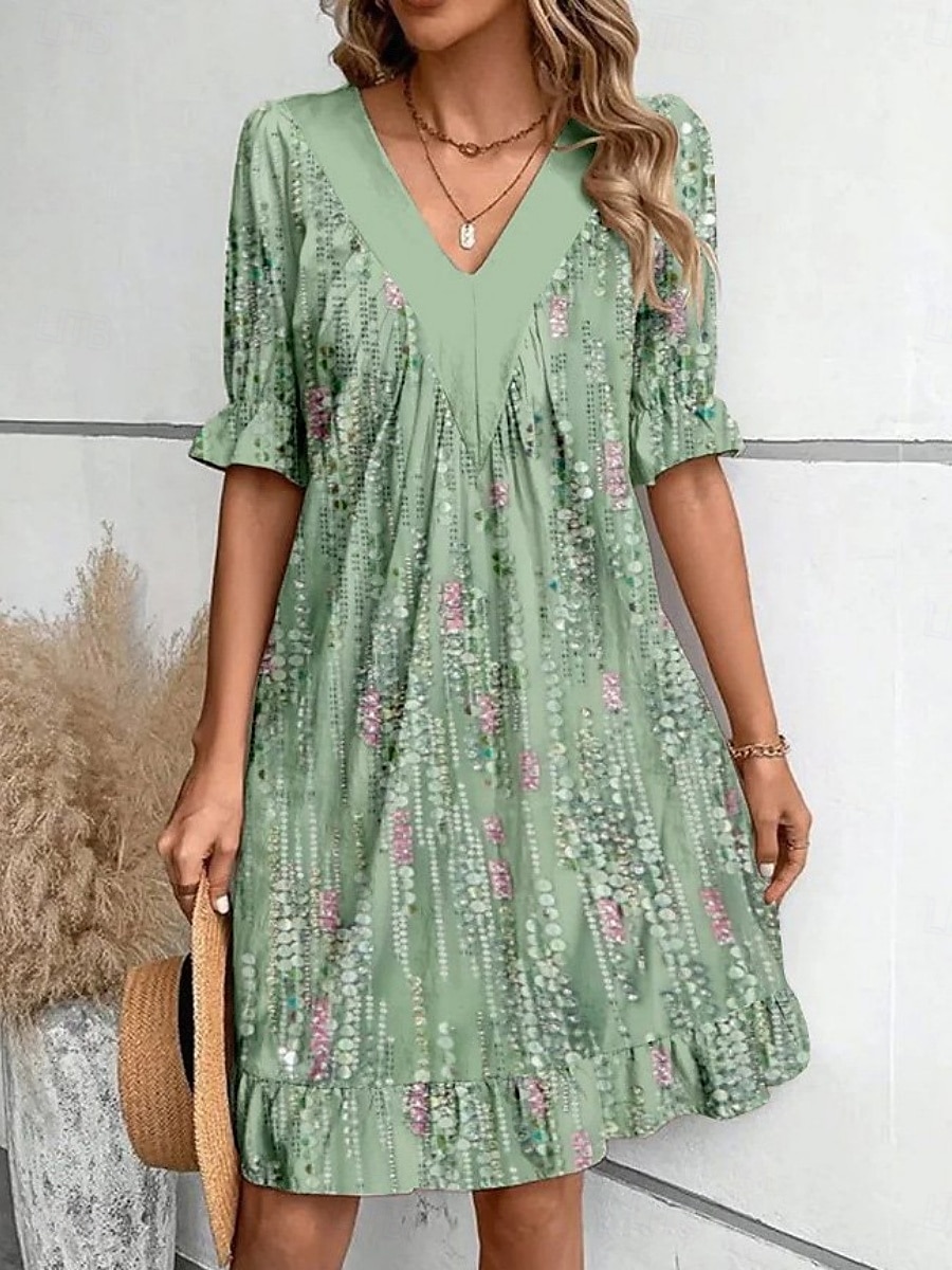 Femmes Mini Robe Robe d'été Occasionnel Quotidien Coupe régulière Fleuri Rayé Demi Manches Col en V Rouge Marron clair Bleu Vert Été Printemps de 2025 ? $28.99 –P3