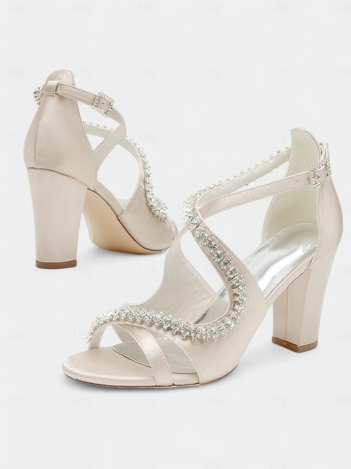Women's Teal Satin Rhinestone Heeled Sandals – Strappy Cocktail Party Shoes with Block Heels for Weddings & Evening Events 2026 - $79.99 –P3