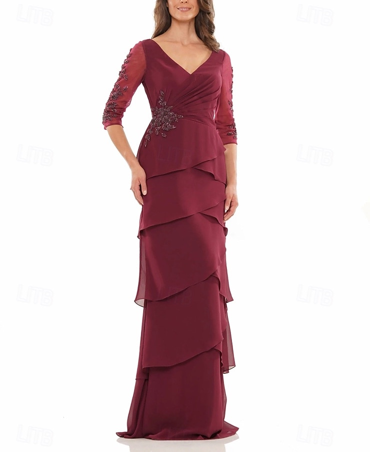 A-Linie Kleid Brautmutterkleid Formell Elegant V Ausschnitt Bodenlang Chiffon Dreiviertelarm mit Stufen Kaskadierende Rüschen Einfarbig 2025 2025 - $161.99 –P4