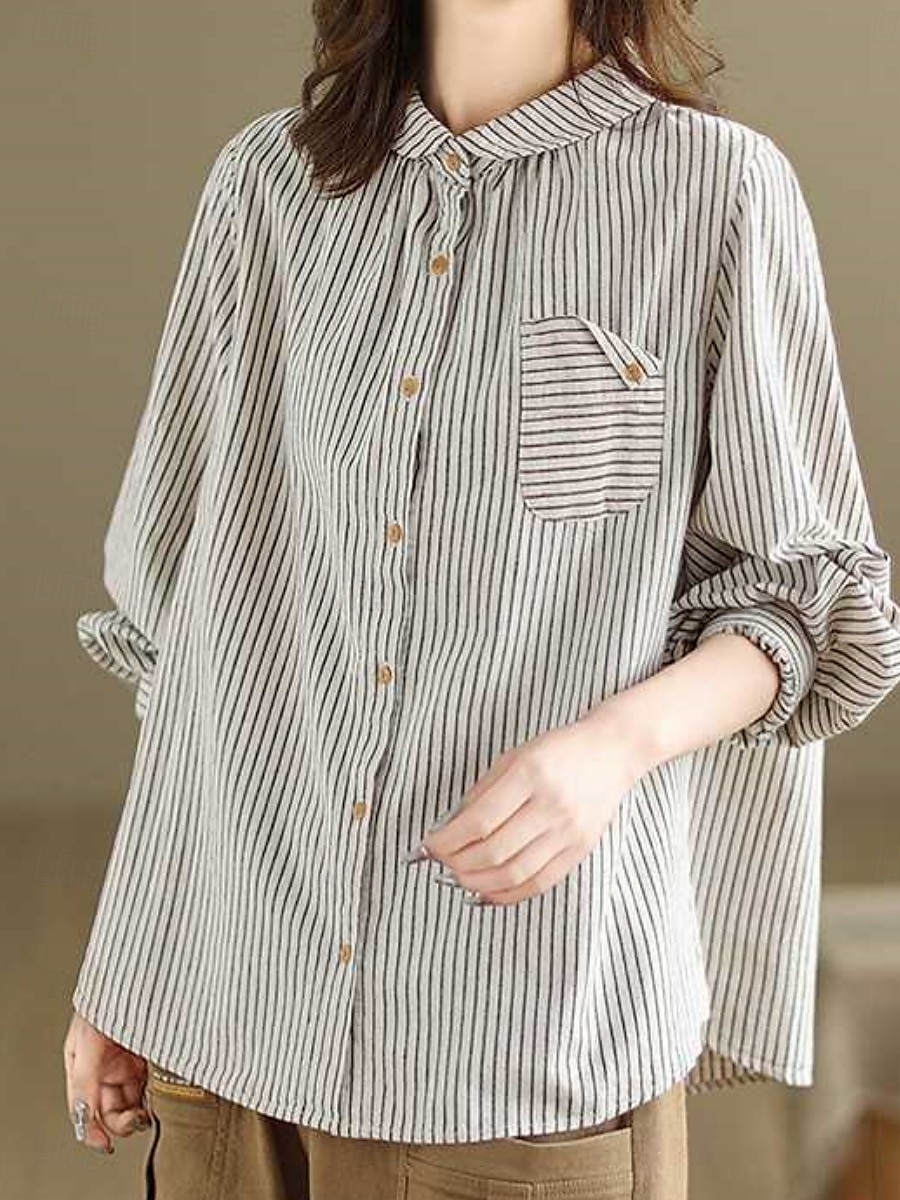 Dames Overhemd Katoenen linnen overhemden Knoop omhoog Blouse Gestreept Stijlvol Casual Lange mouw Overhemdkraag Normale tops Dagelijks Knop Afdrukken Zwart Wit Zomer Lente Herfst 2025 - $25.99 –P6