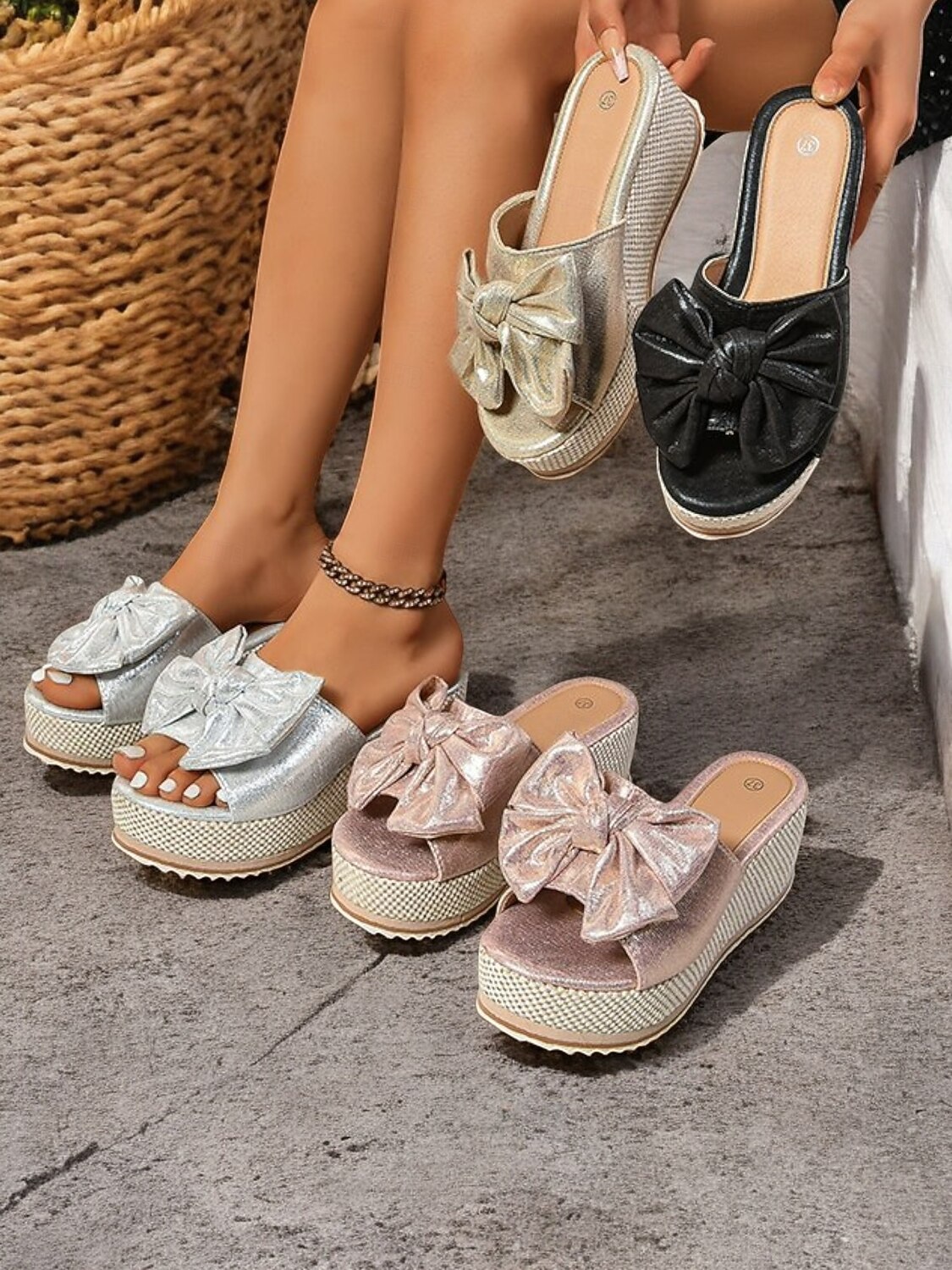 босоножки на танкетке с золотистым металлическим бантом для женщин - гламурные босоножки на платформе для повседневных летних прогулок 2025 - €23.99 –P5