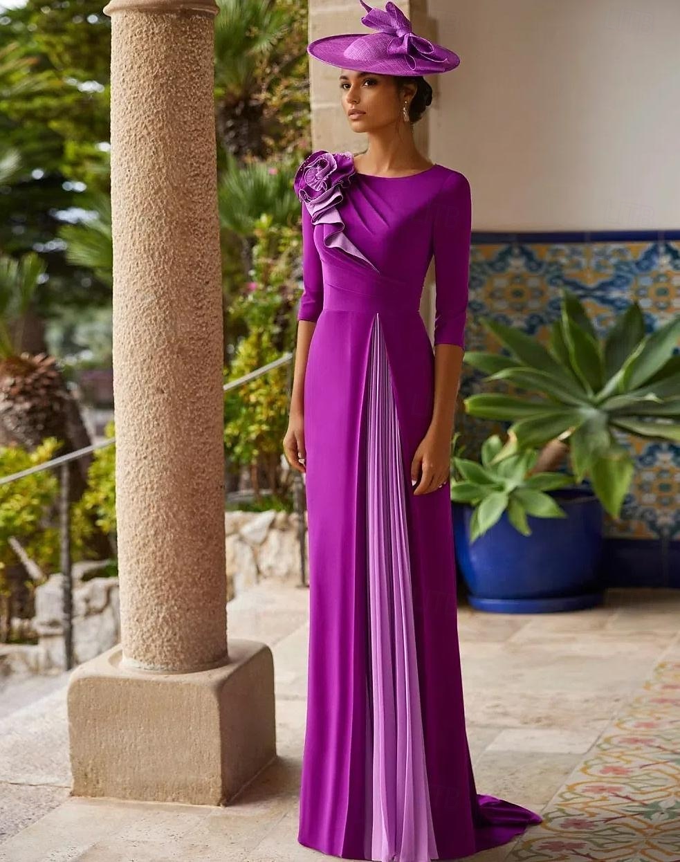 A-line večerní šaty elegantní šaty formální maxi ¾ rukávový drahokam výstřih podzimní svatební hostitelské pružné krepy s kyticí na rameni 2025 - $189.99 –P1