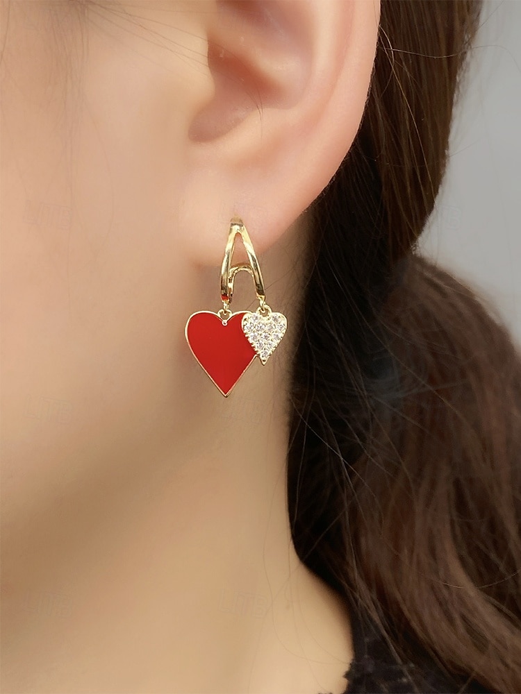 Red and Gold Heart Drop Earrings with Rhinestone Detailing – Romantic Jewelry for Women, Perfect for Valentine's Day or Date Nights 2025 - $7.99 –P2
