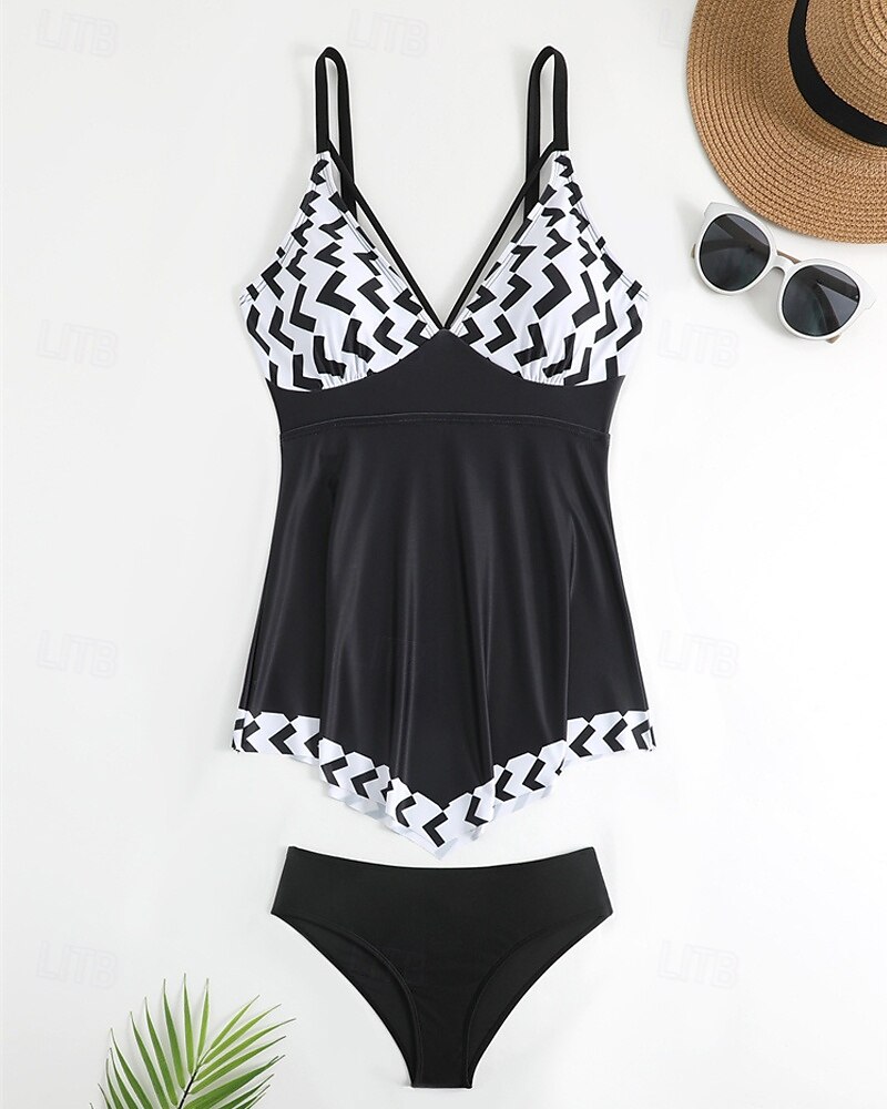 Dames Tankini Tweedelig zwempak V-hals Zwemkleding Zwemkleding Zwart / Wit Wit Ademend Sneldrogend Lichtgewicht Mouwloos - Zwemmen Surfen Strand Zomer Lente Grote maten 2025 - $25.99 –P14