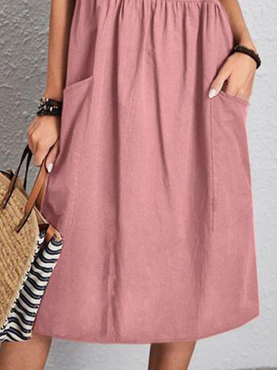 Per donna Abito Midi Abito Lungo Maxi Abito Abiti in cotone e lino Elegante Essenziale Casual Vacanza Feste Lavoro Vestibilità regolare Semplice Manica Corta Girocollo Rosa Marrone chiaro Cachi Blu del 2025 a $6.99 –P4
