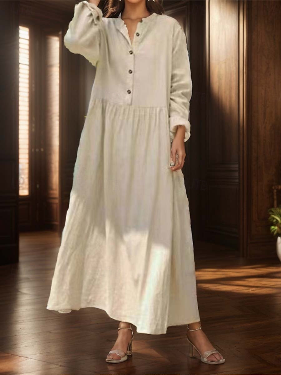 Damen Langes Kleid Maxikleid Leinen-inspirierte Kleider Baumwoll-Leinenkleid Hawaiianisch Normale Passform Einfarbig Langarm Rundhalsausschnitt Weinrot Beige Sommer Frühling 2025 - $32.99 –P6