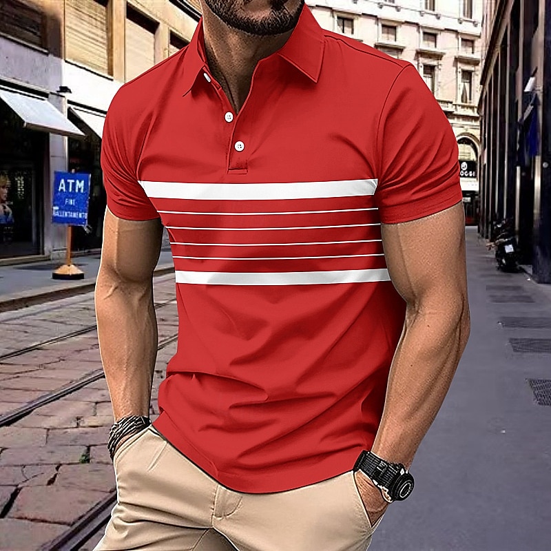 Men's Polo Business Polo Business Casual Lapel Classic Short Sleeve Color Block Stripes Buttons Summer Spring & Fall Black Red Navy Blue Brown Khaki Polo 2025 - $20.99 –P7