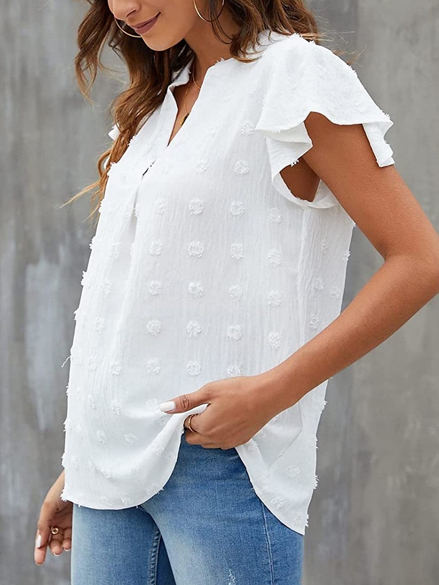 Femme Chemise Chemisier Couleur unie mode Décontractées Manche Courte Col cranté Hauts réguliers du quotidien A Volants Blanche Beige Eté de 2025 ? $23.99 –P4