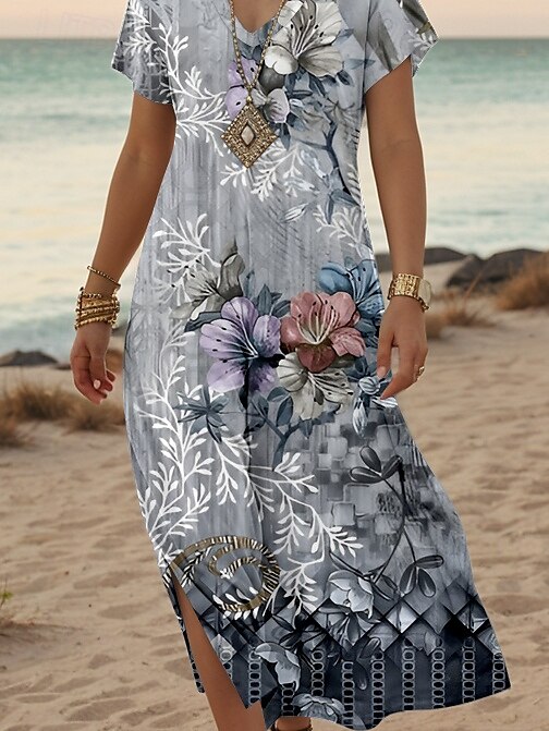 Robe Maxi Femme Robe Décontractée Robe Solaire Robe Shift Stylée Décontractée Manches Tombantes Vacances Quotidienne Coupe Regular Imprimé Floral Manches Courtes Col V Gris Printemps Automne de 2025 ? $28.99 –P3