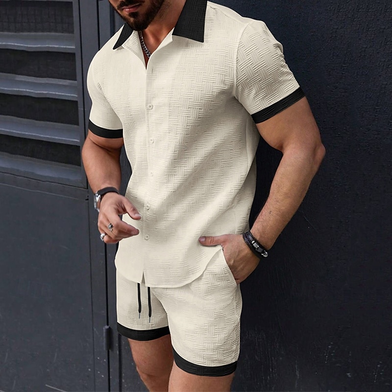 Men's T-shirt Suits 2 Pieces Outfits Tee & Shorts Short Sleeve Lapel Summer Plain Fashion Casual Patchwork 2 Piece Jacquard Vacation Daily Wear Going out Black White Pink Top Tee for Men 2025 - $34.99 –P4