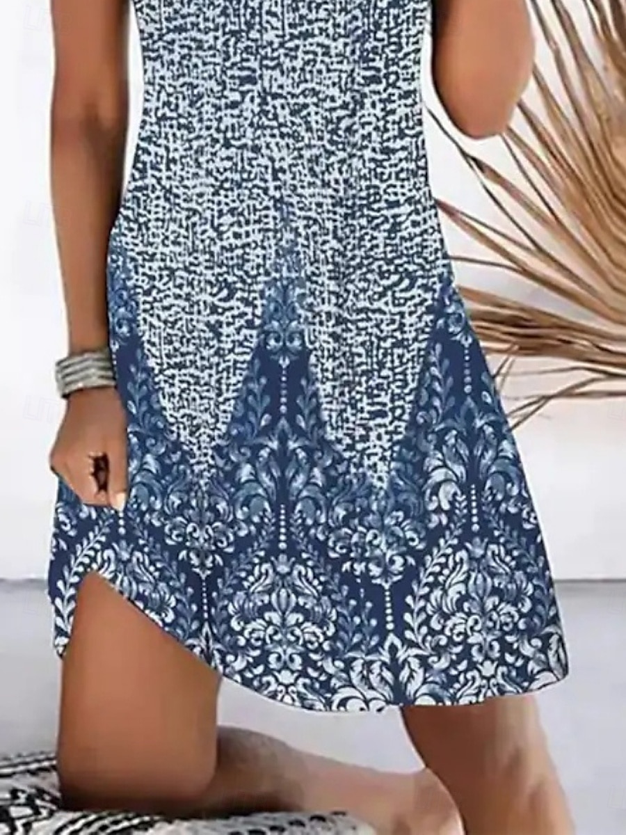 Dámské Mini šaty Volnočasové šaty Tankové šaty Boho šaty Na běžné nošení Cikánský Dovolená Denní Běžný Květinový Bez rukávů Tričkový Vodní modrá Léto 2025 - $15.99 -P3