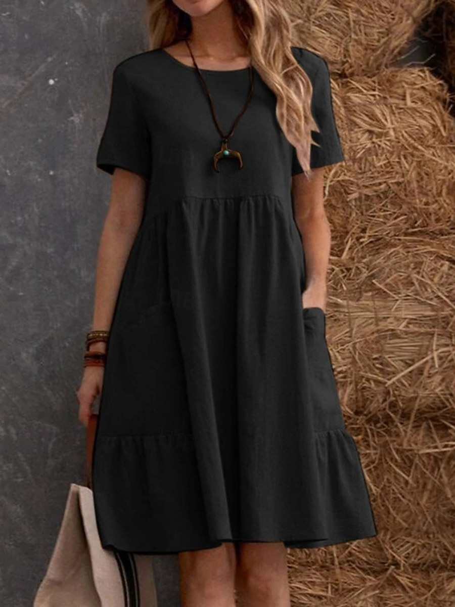 Pentru femei Rochie Mini Rochii de in bumbac Rochie casual Rochie maxi din bumbac De Bază Casual Vacanță Zilnic Fit regulat Simplu Manșon scurt Stil Nautic Negru Caisă Vară 2025 - $26.99 –P4