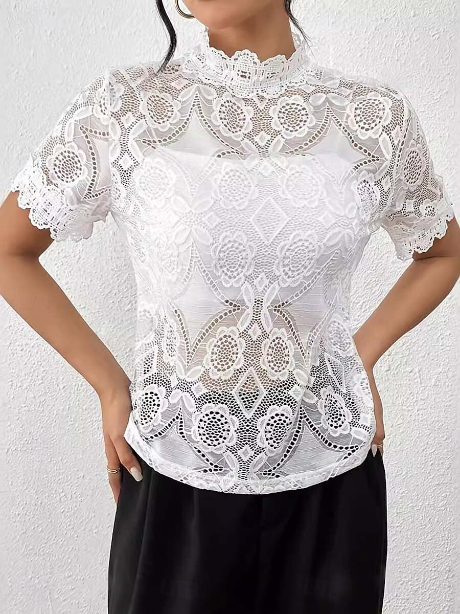 Damskie Koszula Boho Top z koronką Hawajskie Krótki rękaw Asymetryczna Zwykłe topy Koronka Biały Lato Wiosna 2025 - $22.99 –P4