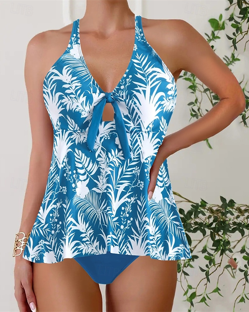 Dam Tankini Tvådelad baddräkt Djup V-hals Badkläder Badkläder Blå Andningsfunktion Snabb tork Lättvikt Ärmlös - Simmning Surfing Strand Sommar Vår Plusstorlekar 2025 - $25.99 –P1