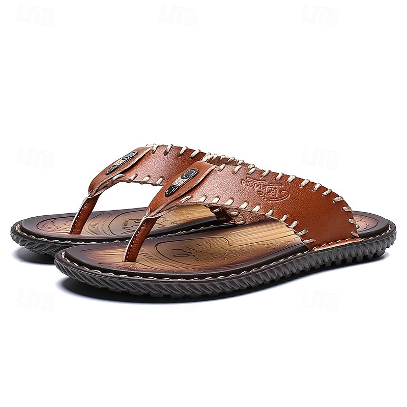 Chanclas vintage de piel sintética marrón para hombre: sandalias de verano con punta abierta hechas a mano con suela antideslizante para playa, viajes y uso informal 2025 - $29.99 –P5