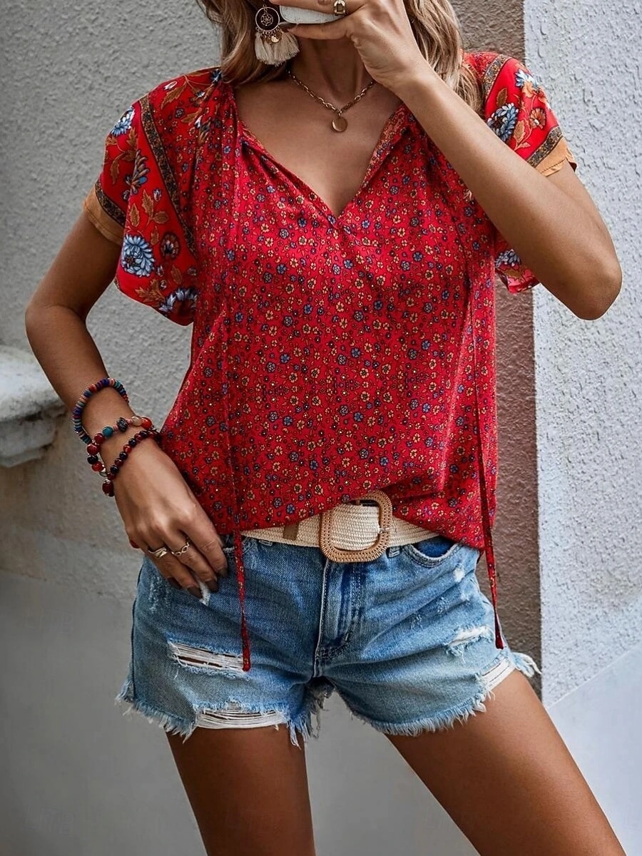 Damen Bluse Druck Blumen Bohemien Vintage Lässig Kurzarm V Ausschnitt Normale Oberteile Täglich Ferien Ausgehen Blau Rote Braun Aprikose Sommer Frühling 2026 - $27.99 –P3