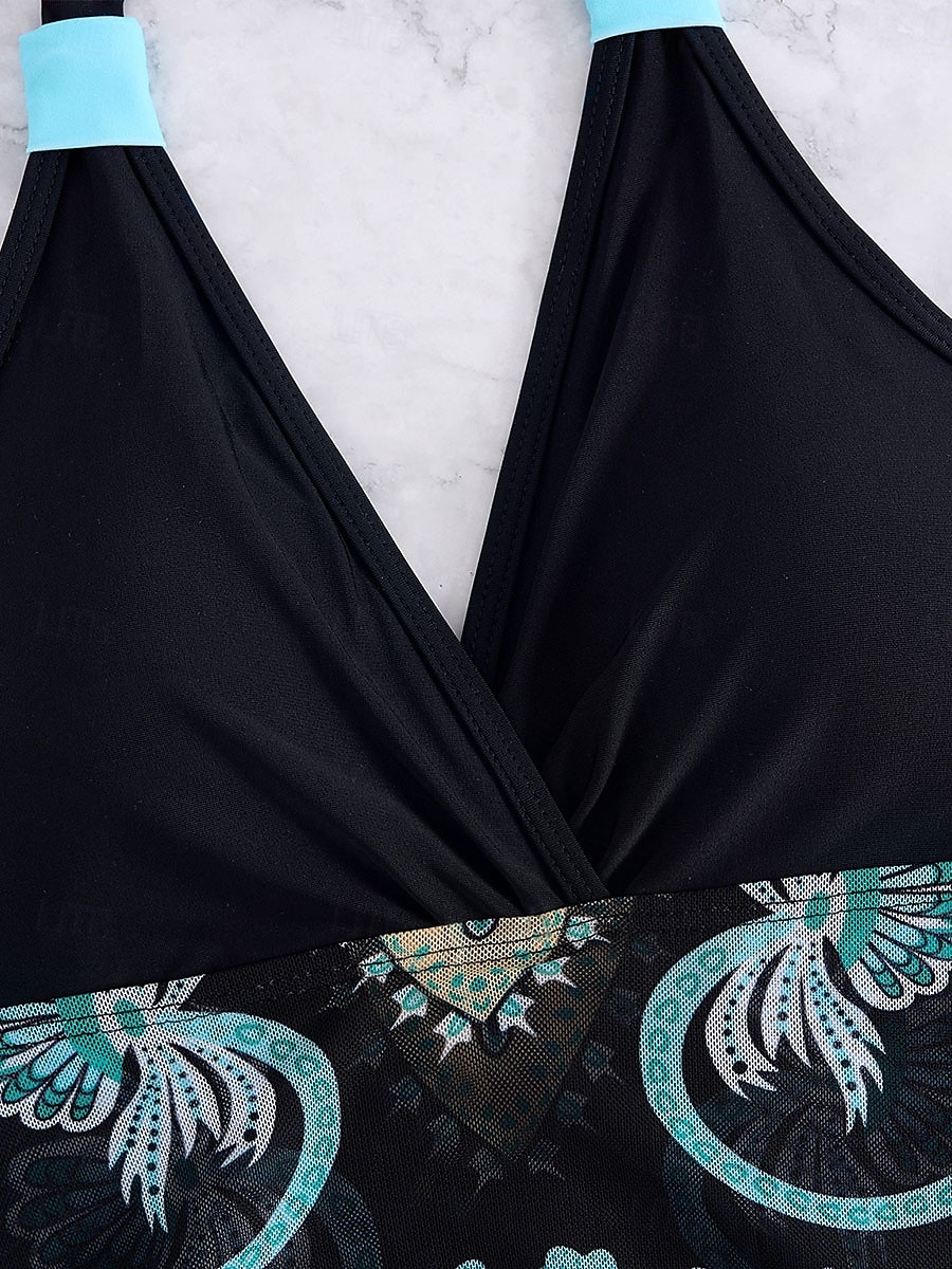 Kvinnors badkläder simklänningar 2-delad Cheeky Tankini baddräkt utan rygg hög midja smal semester strandkläder grafisk halter-hals ärmlösa baddräkter 2025 - $34.99 –P8