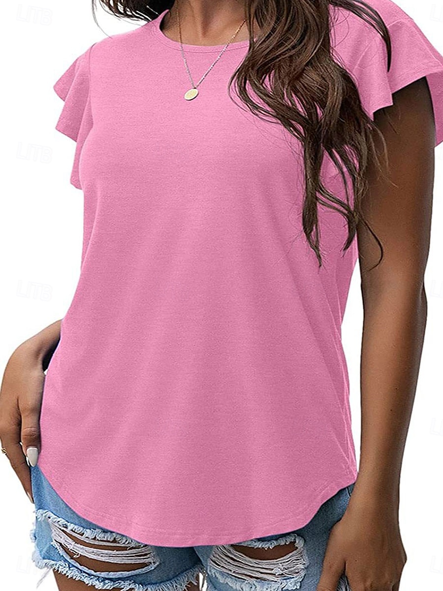 Women's T Shirt Plain Fashion Modern Casual Short Sleeve Crew Neck Regular Tops Daily Weekend Ruffle Black Pink Gray Summer Spring 2025 - $21.99 –P5