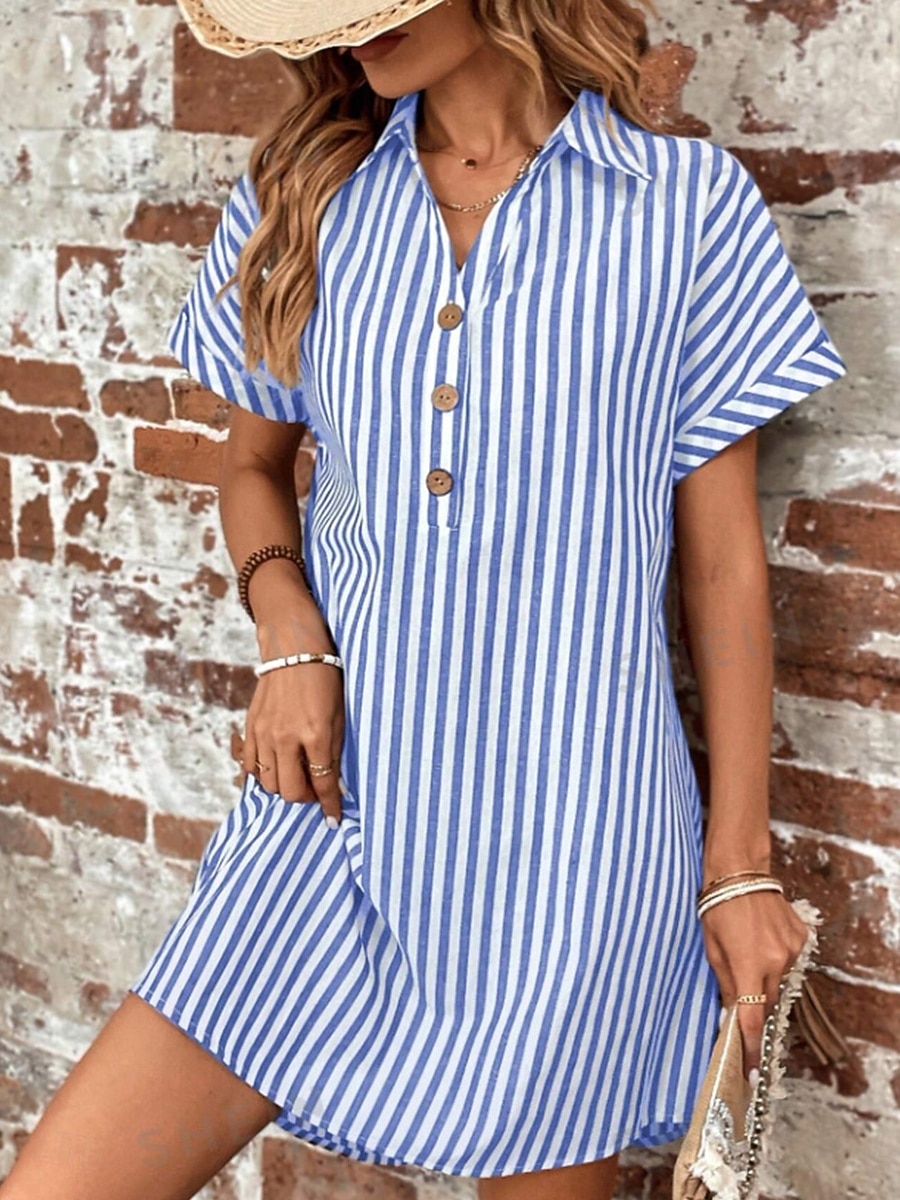 Women's Midi Dress Shirt Dress Stylish Casual Vacation Daily Regular Fit Stripe Short Sleeve Shirt Collar Black Blue Summer 2026 - $26.99 –P3