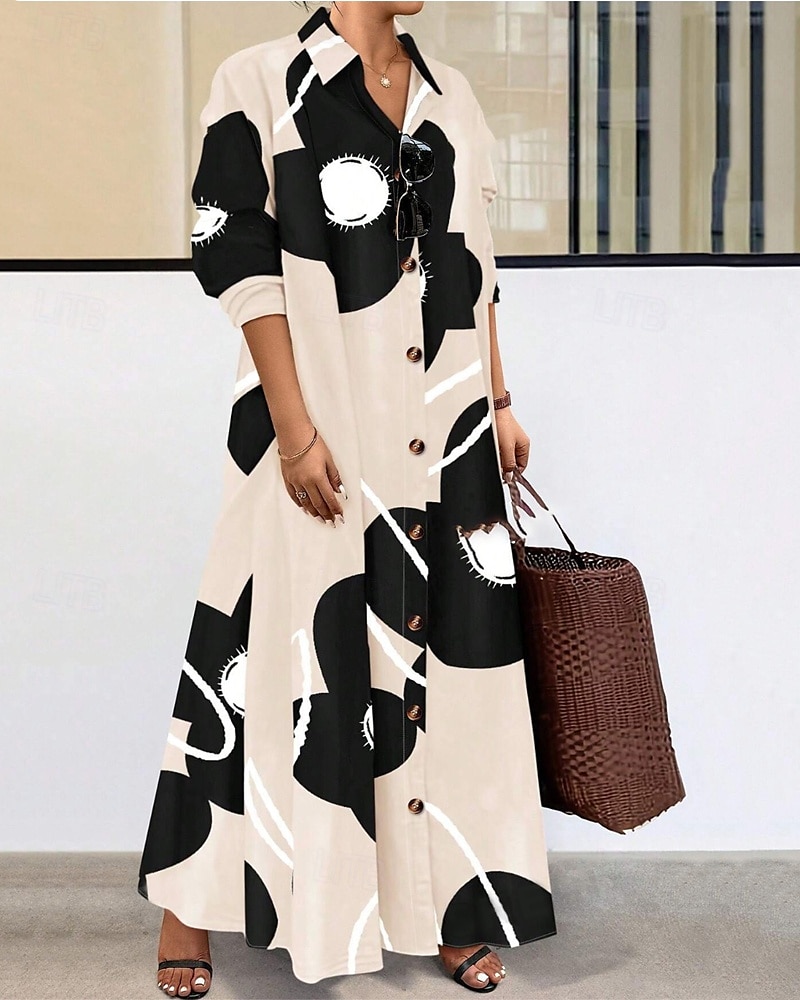 Women's Long Dress Maxi Dress Shirt Dress Casual Dress Summer Dress Stylish Casual Vacation Daily Date Regular Fit Floral Graphic Long Sleeve Lapel Black And White Black Blue Orange Summer Spring 2025 - $26.99 –P5