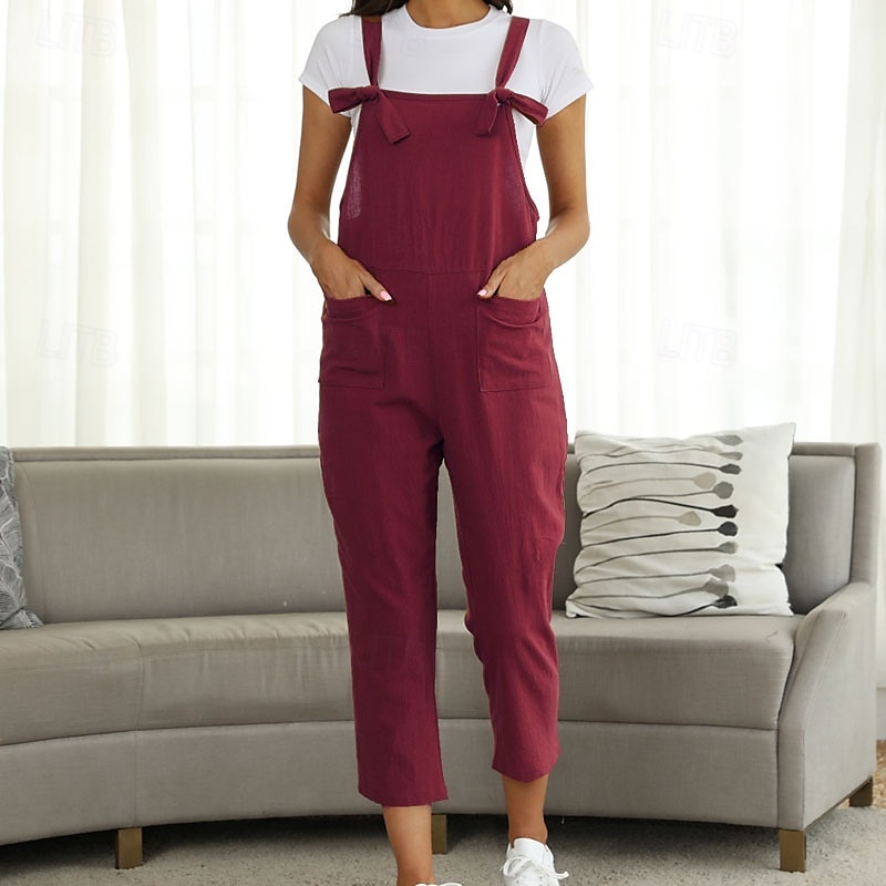 Dam Byxor Jumpsuit Sparkbyxor Lättvikt Ledigt Ankellång Mellanhög midja Slät Ficka Mateial som andas Bekväm Oelastisk Hem Ledigt / vardag Rödvin Mörkgrön Marin Svart Sommar Vår Normal 2025 - $18.99 –P10