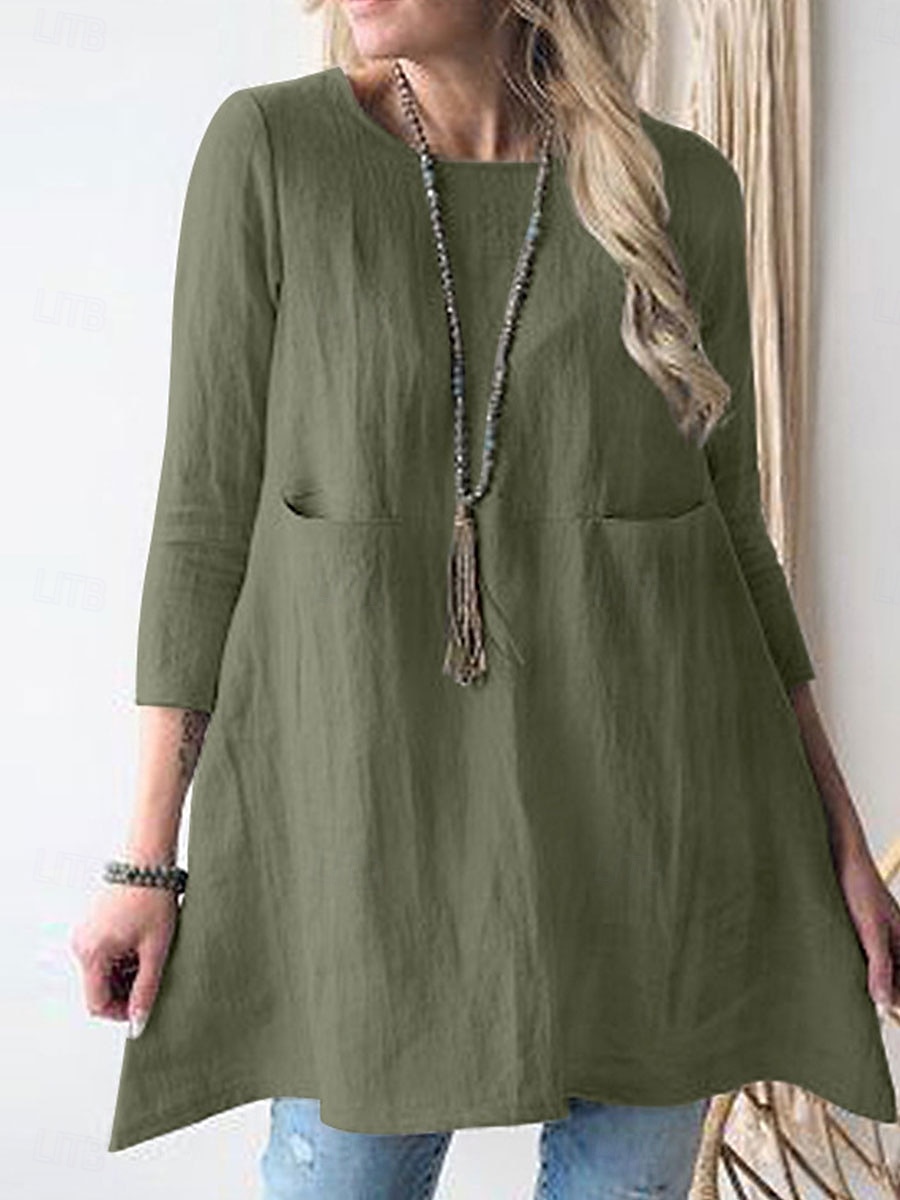 Damen Minikleid Baumwoll-Leinen-Kleider Freizeitkleid Stilvoll Basic Lässig Urlaub Täglich Lässiger Schnitt Einfach Dreiviertelarm Rundhalsausschnitt Grün Khaki Dunkelblau Sommer Frühling Herbst 2025 - $16.99 –P11