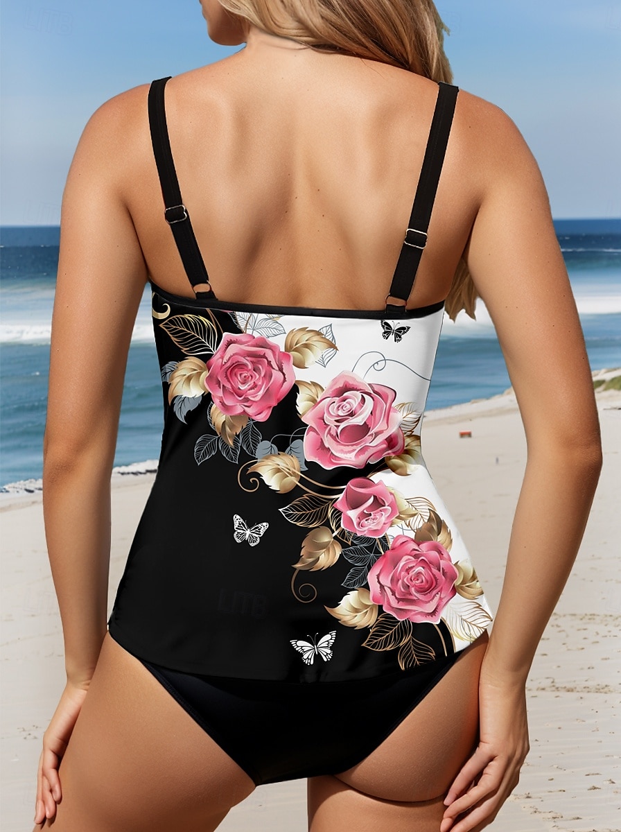 Tankini Femme 2 Pièces Maillot de Bain Décollé Contrôle Du Ventre Taille Haute Slim Vacances Plage Tenue Graphique Fleurie Col U Sans Manches de 2026 ? $39.99 –P2