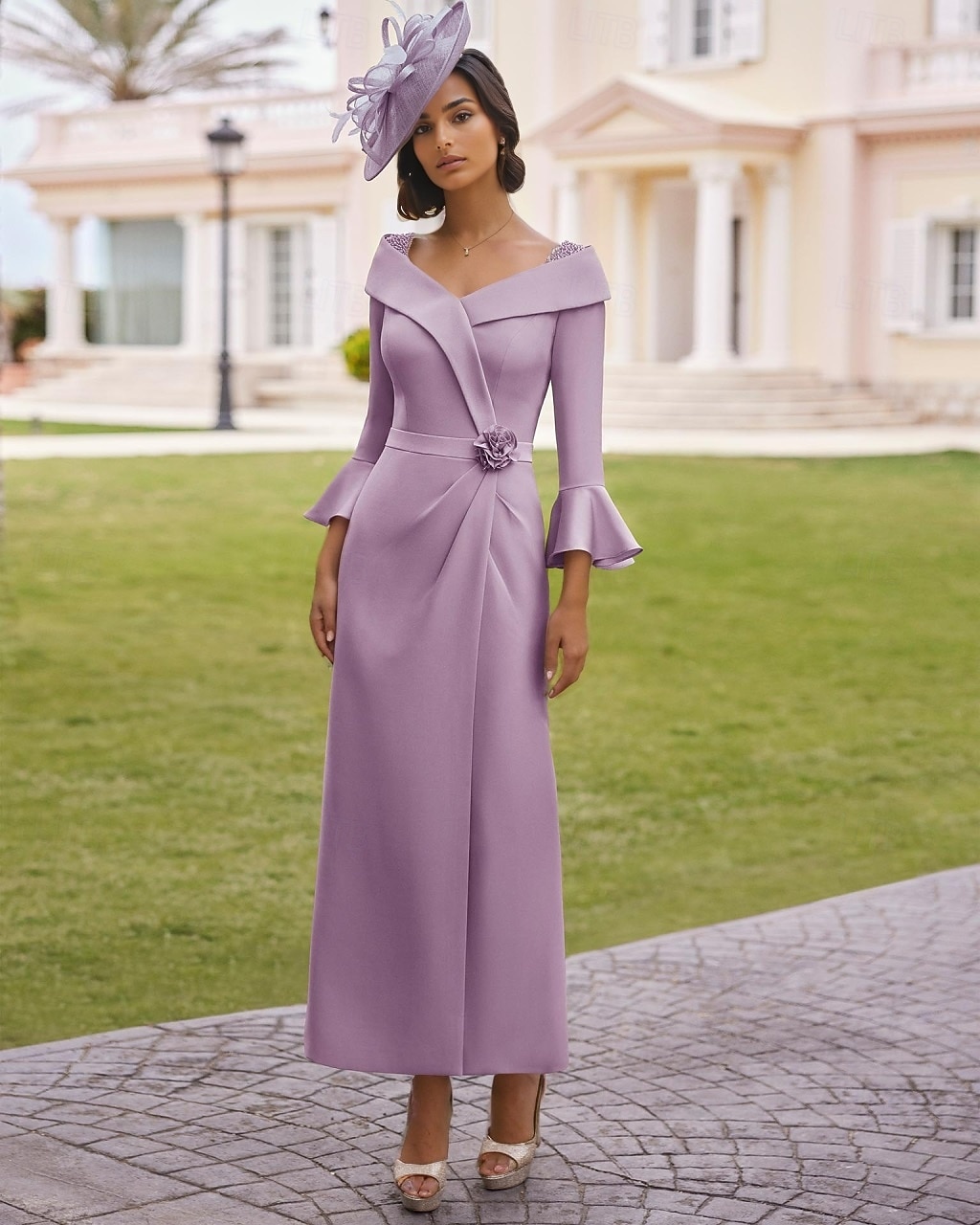 Suknie Koktajlowe Sheath  Kolumnowe Elegancka Suknia Formalna Weselna Długość za Kostkę 3/4 Rękawy Kołnierz Koszulowy Kieszeń Stretch Krep z Kwiatowym Printem Suknie z Kieszeniami 2025 - $188.99 –P2