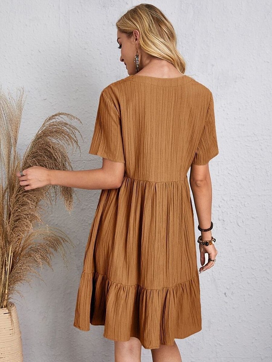 abito da lavoro da donna abito casual abito a trapezio elegante da ufficio quotidiano abito lungo abito lungo patchwork scollo a V manica corta tinta unita vestibilità regolare nero rosa rosso estate del 2025 a $21.99 –P8