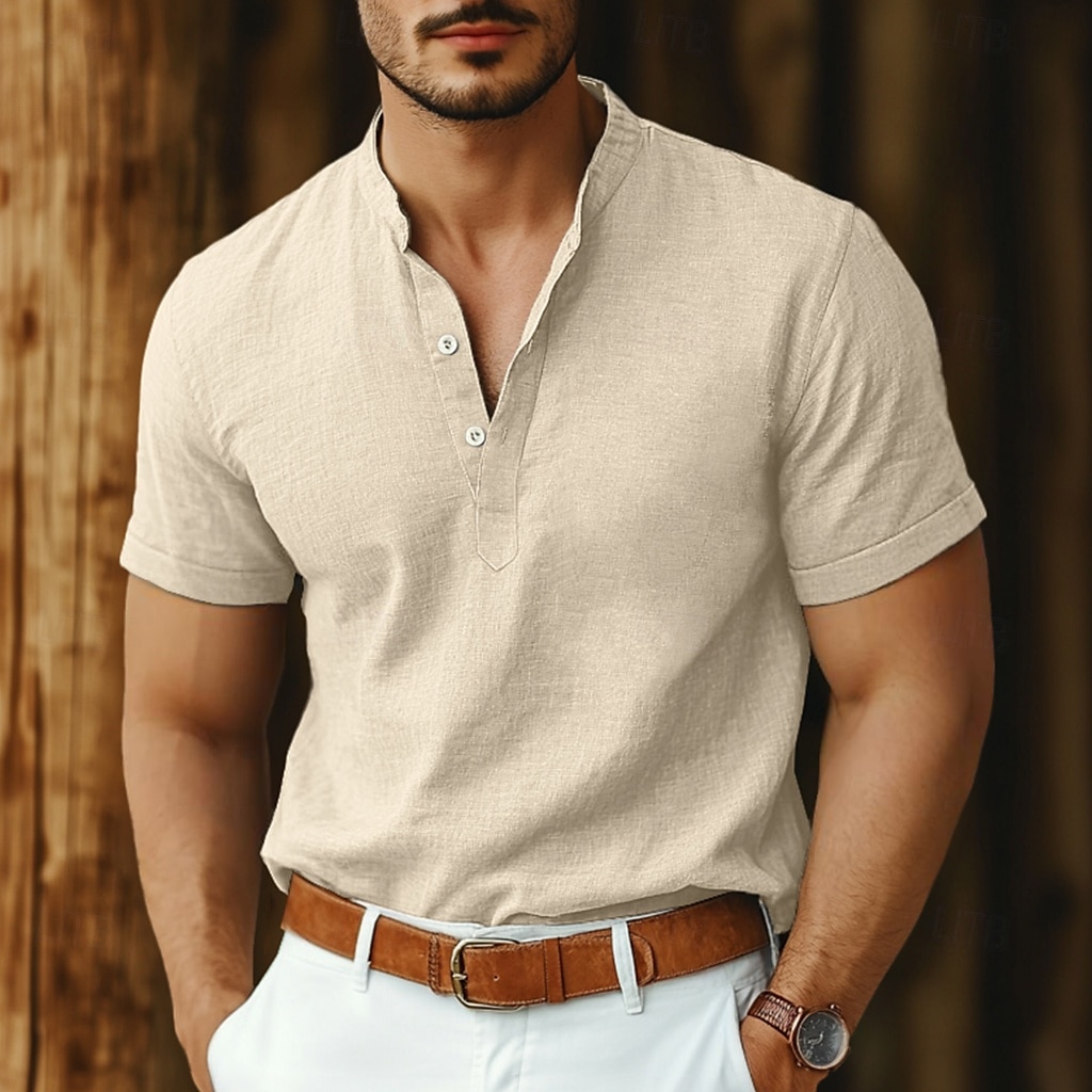 Per uomo Camicia camicia di lino Camicia con colletto a fascia Camicia popover Camicia estiva Abbigliamento mare Liscio Da mare Informale Nero Bianco Rosa Blu marino Manica corta Henley Estate del 2025 a $25.99 –P3