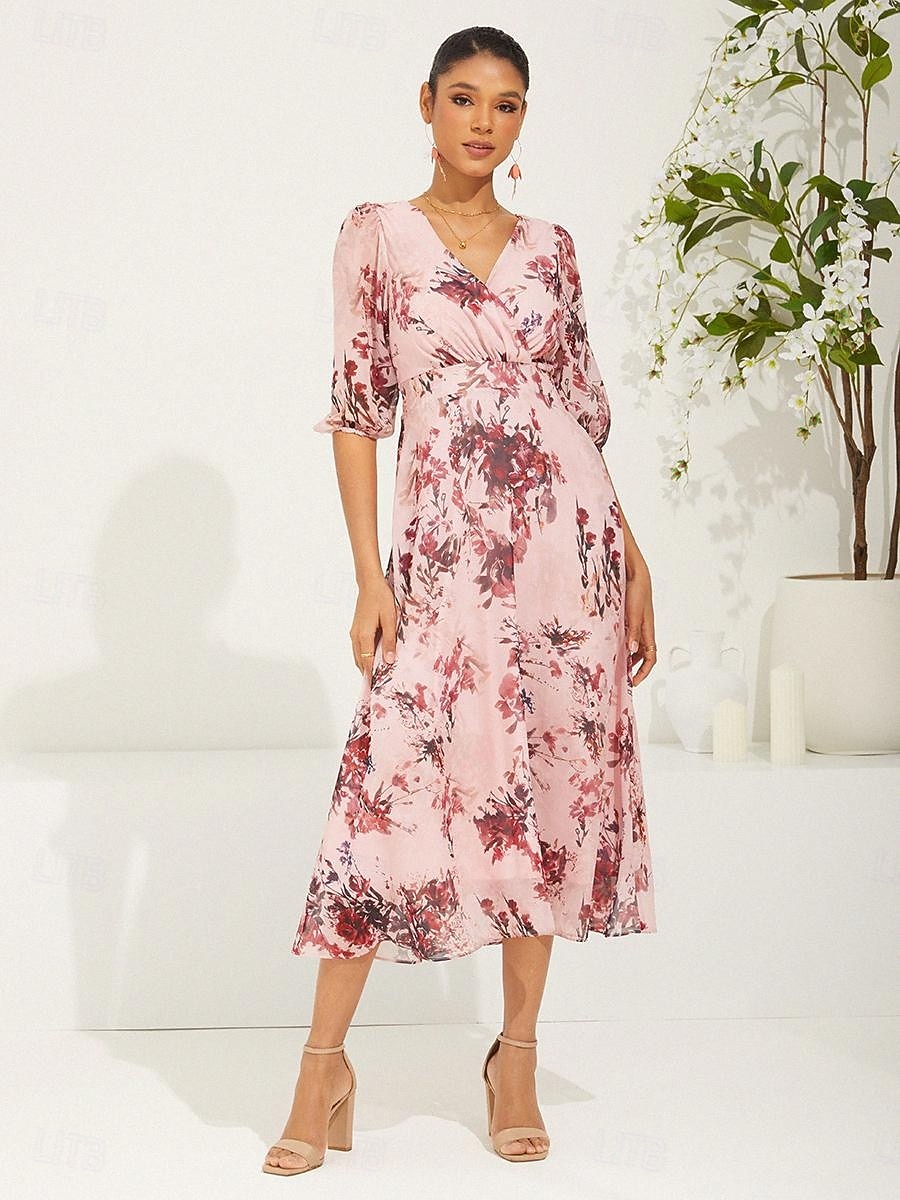 Dámské Midi šaty Šifonové šaty Elegantní stylové Nahoře nabírané Svatební Svatební host Denní Běžný Květinový Poloviční rukáv Do V Světlá růžová Léto Jaro Podzim 2025 - $59.99 –P5