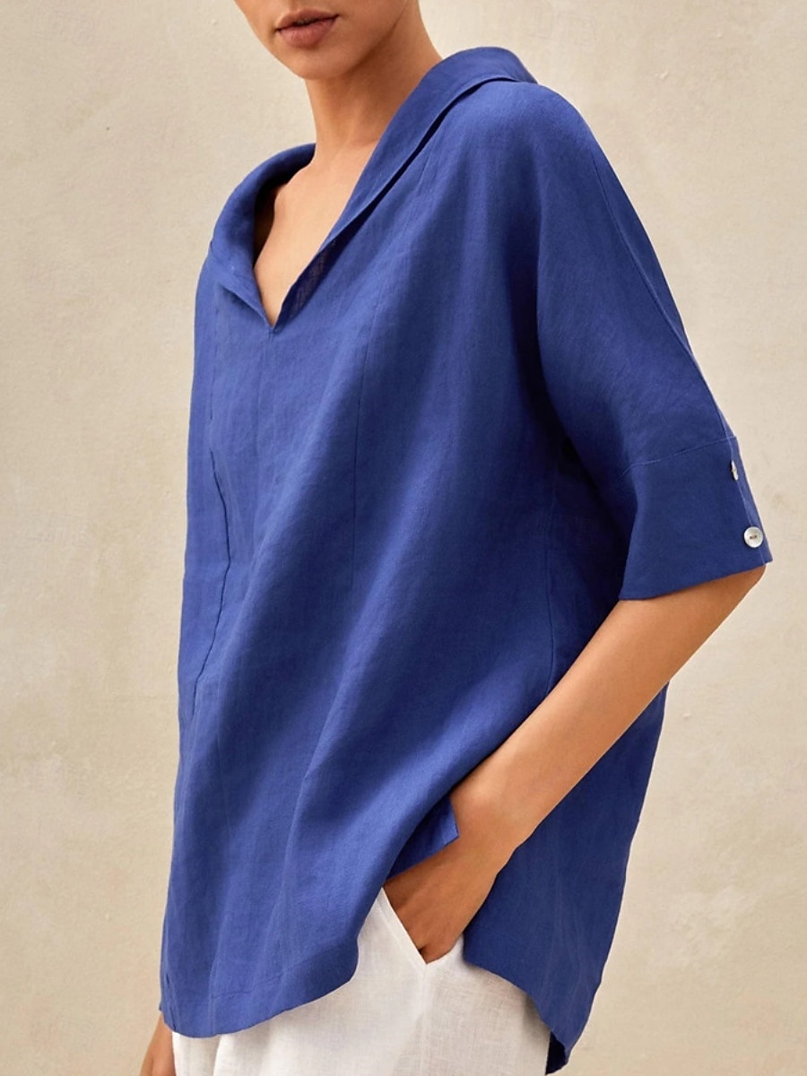 Damen Hemd Bluse Baumwoll-Leinen-Hemden Einfarbig Basic Lässig Dreiviertelarm Mit Kapuze Normale Oberteile Täglich Knöpfe Weiß Blau Sommer 2025 - $29.99 –P5