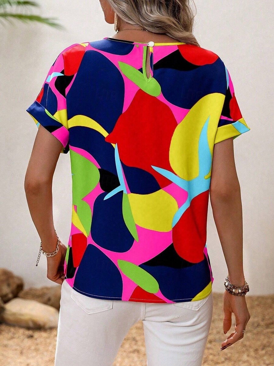 Dame Skjorte Bluse Geometrisk Stilfull Fritid Kortermet Crew-hals Vanlige topper Daglig Trykt mønster Gul Sommer Vår 2025 - $26.99 –P2