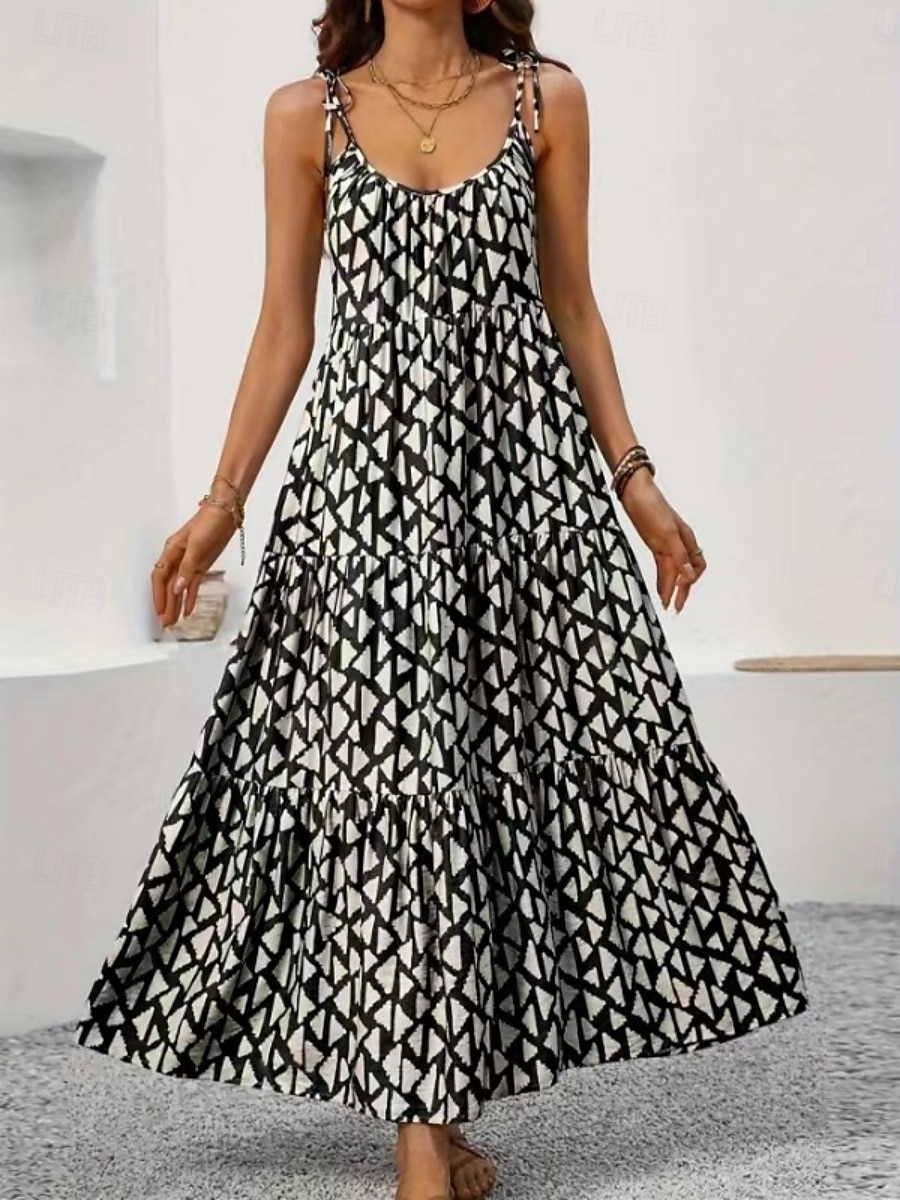 Damskie Sukienka maxi Codzienne sukienki Sukienka A line Sukienka na ramiączkach Elegancki Codzienny Urlop Codzienny Regularny Geometryczny Bez rękawów Pasek Czarny Lato 2025 - $26.99 –P1