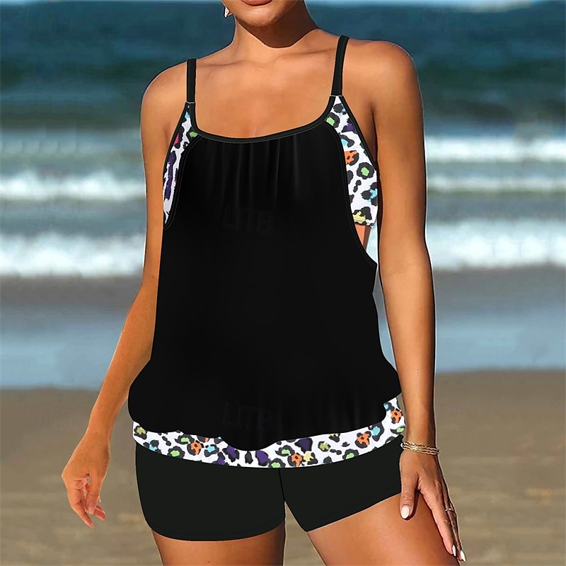 Women's Tankini Two Piece Swimsuit Racerback Swimwear Swimwear Light Pink Black / White Breathable Quick Dry Lightweight Sleeveless - Swimming Surfing Beach Summer Spring Plus Size 2025 - $26.99 –P8