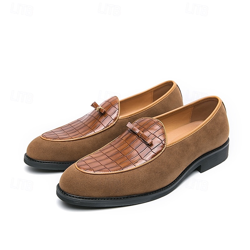 pánské hnědé mokasíny z umělého semiše s krokodýlím vzorem a mašlí – stylové slip-on boty pro formální i neformální příležitosti 2025 - $46.99 –P3