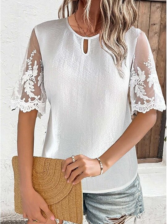 Top in pizzo bianco elegante da donna con occhiello top regolari quotidiani maniche corte girocollo pizzo regolare quotidiano uscita romantica top petite estivi per le vacanze bianco estate del 2025 a $21.99 –P1