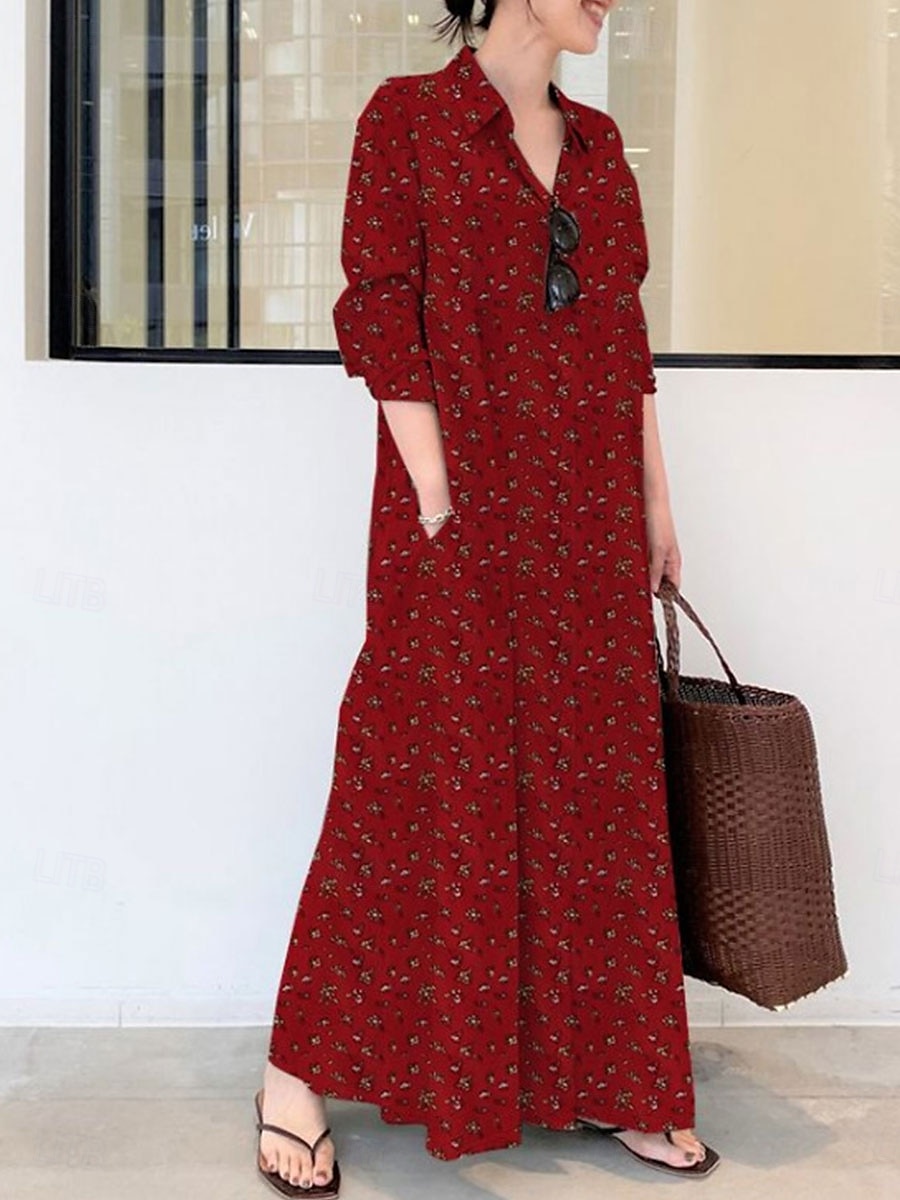Damen Maxikleid Baumwoll-Leinen-Kleider Hemdblusenkleid Elegant Vintage Stilvoll Urlaub Party Täglich Lässiger Schnitt Grafik Langarm Hemdkragen Wein Königliches Blau Grün Frühling Herbst Winter 2025 - $32.99 –P1