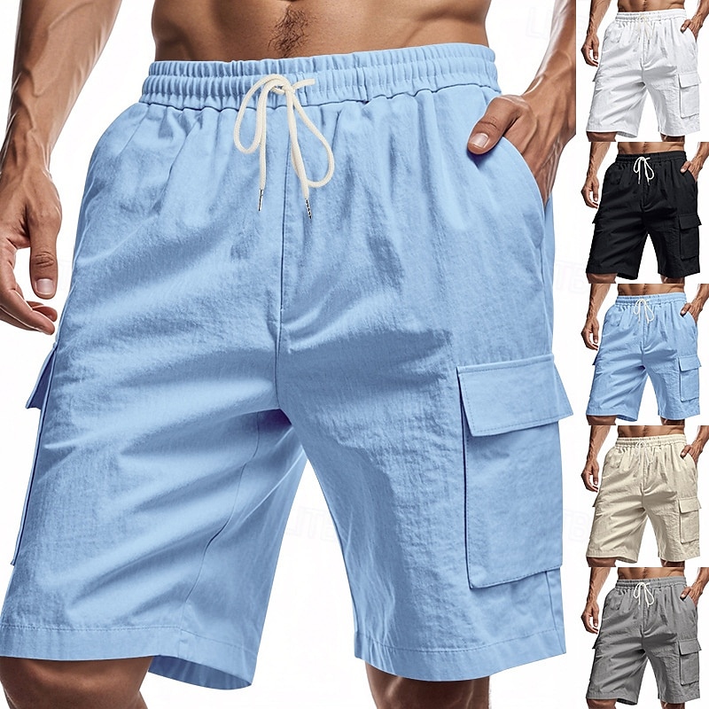 Men's Linen Shorts Summer Shorts Beach Shorts Pocket Drawstring Elastic Waist Plain Comfort Breathable Short Vacation Holiday Beach Hawaiian Boho Black White 2025 - $18.99 –P1