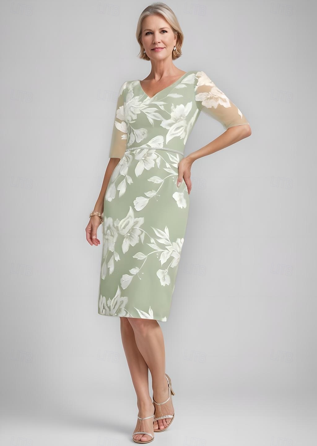 Robe mère de la mariée deux pièces robe fourreau  colonne élégante vintage col en V longueur thé chiffon dentelle florale appliquée à manches 3/4 avec veste ruchée robe de jour de course de 2025 ? $135.99 –P2