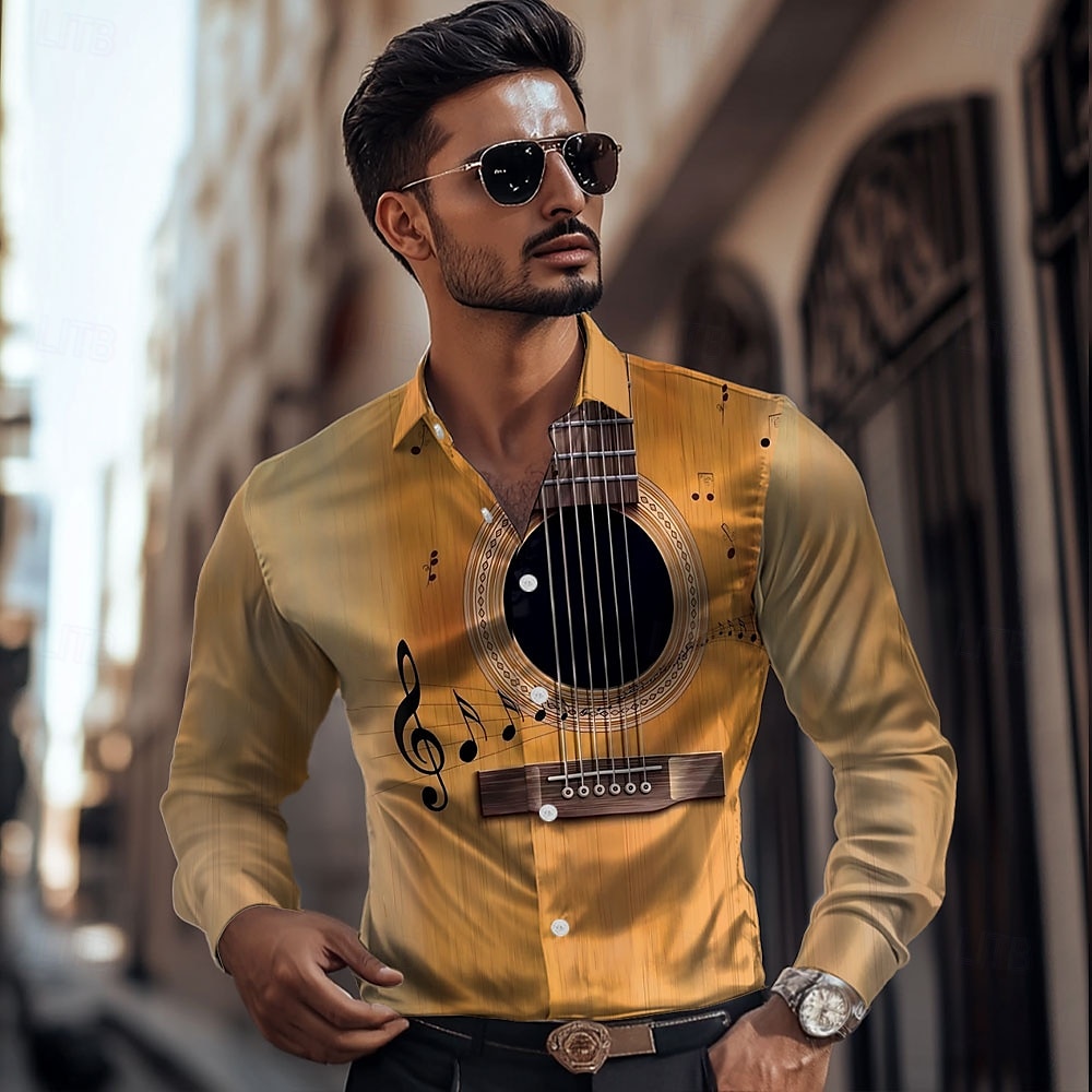 Męskie Gitara Instrument muzyczny Satynowa koszula Koszule eleganckie Zapinana na guziki koszula Długi rękaw Moda na co dzień Urlop Codzienny Wieczorna impreza Lato Wiosna Jesień Wieczorne Koszule z 2026 - $29.99 –P2