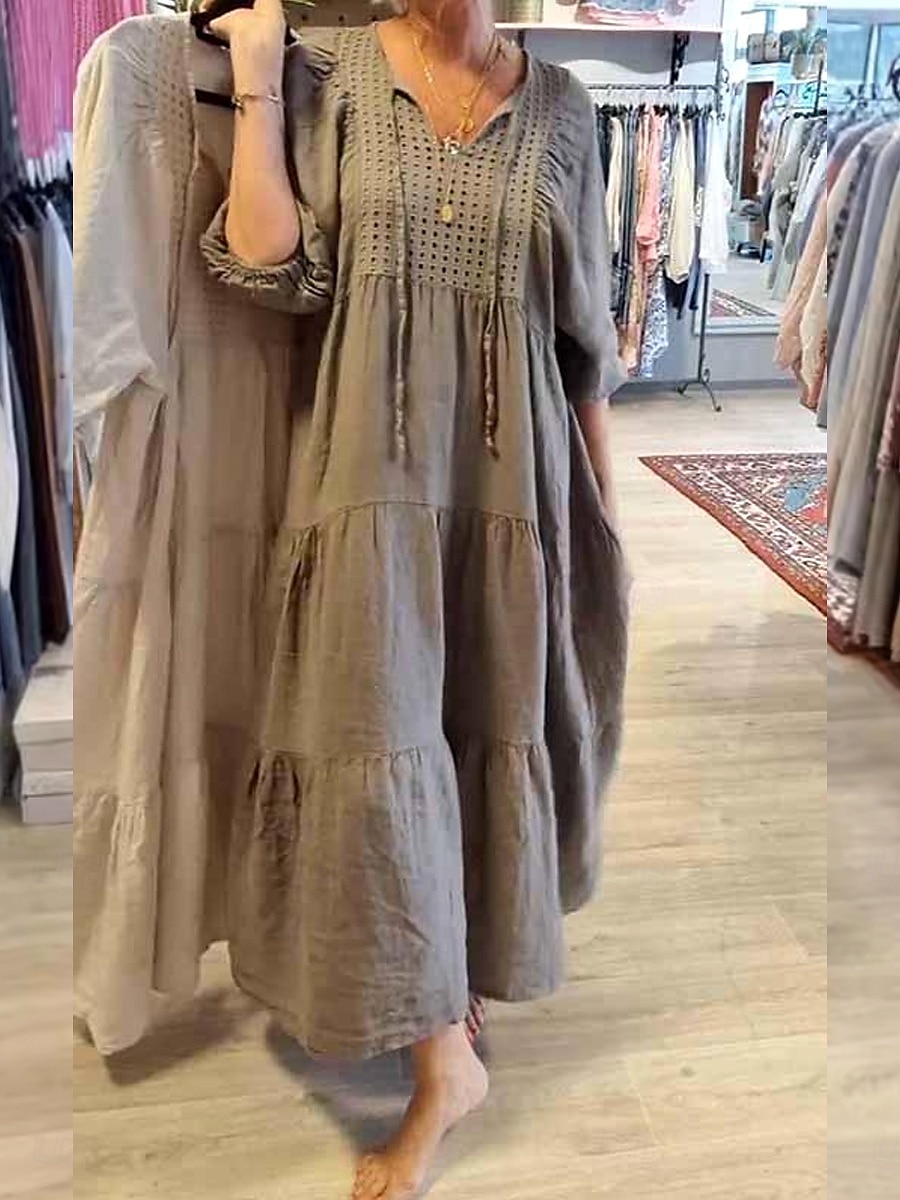 Dam Maxiklänning Linneinspirerade klänningar Vit klänning Solklänning Vit bomullsklänning Ledigt Semester Dagligen Lös passning 3/4 ärm Naggad hals Kaki Beige Sommar Vår 2025 - $36.99 –P2